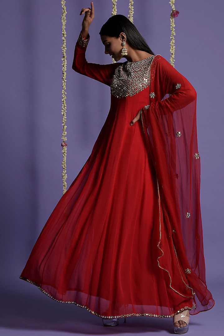 Red Georgette Embroidered Anarkali Set by Two Sisters By Gyans
