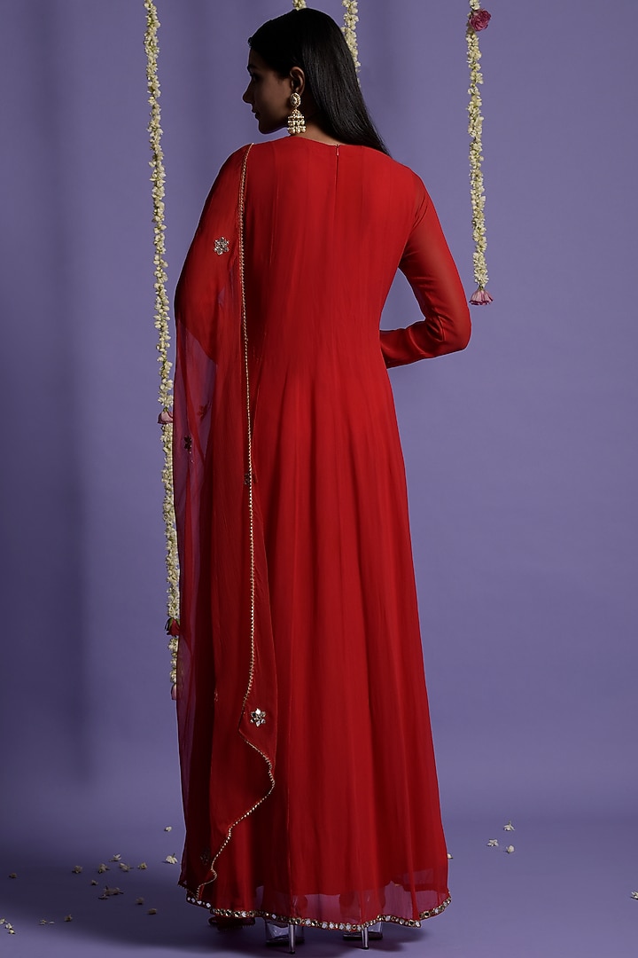 Red Georgette Embroidered Wedding Anarkali Set by Two Sisters By Gyans at Pernia's Pop Up Shop