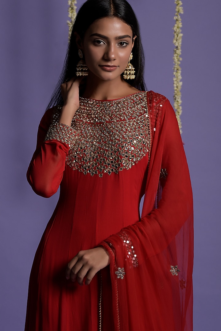 Red Georgette Embroidered Wedding Anarkali Set by Two Sisters By Gyans at Pernia's Pop Up Shop