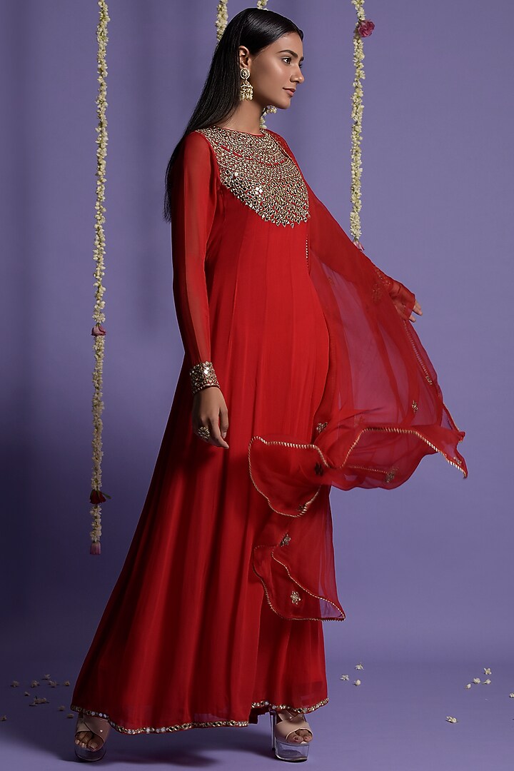 Red Georgette Embroidered Wedding Anarkali Set by Two Sisters By Gyans at Pernia's Pop Up Shop