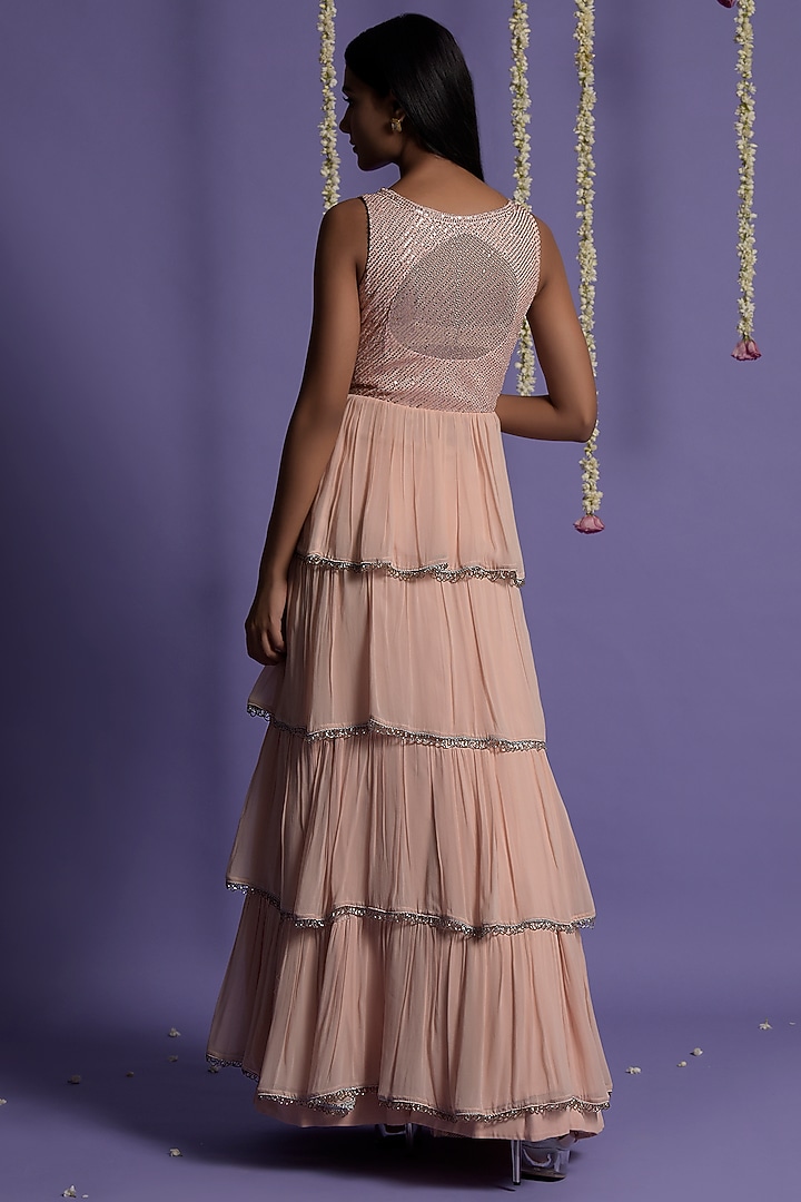 Blush Pink Georgette Sequins Embroidered Layered Wedding Lehenga Set by Two Sisters By Gyans at Pernia's Pop Up Shop
