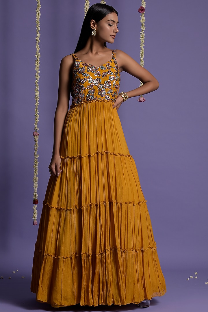 Mustard Sequins Embroidered Party Wear Gown by Two Sisters By Gyans at Pernia's Pop Up Shop