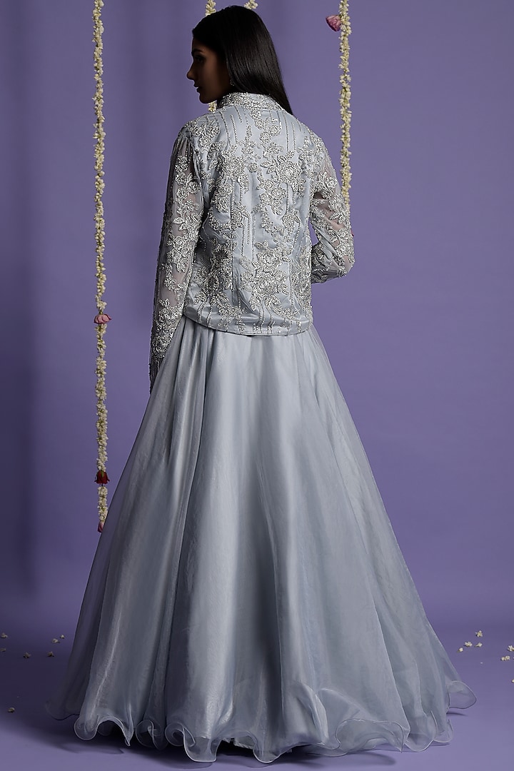Ice Blue Organza Embroidered Jacket Wedding Lehenga Set by Two Sisters By Gyans at Pernia's Pop Up Shop