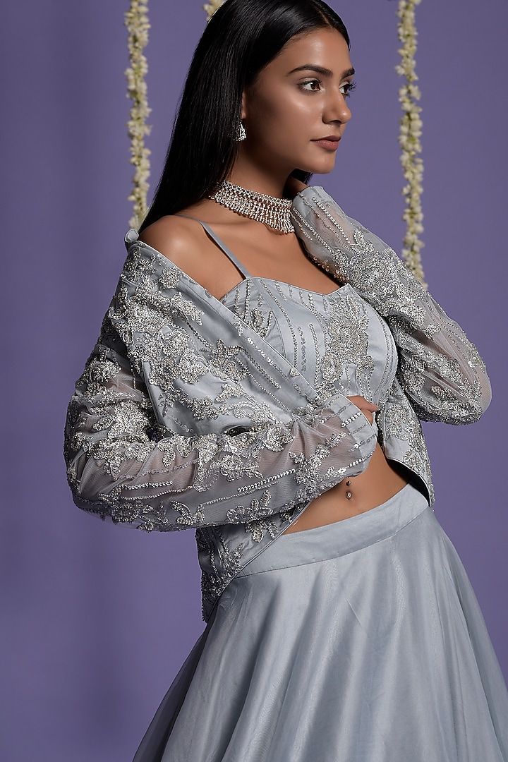Ice Blue Organza Embroidered Jacket Wedding Lehenga Set by Two Sisters By Gyans at Pernia's Pop Up Shop