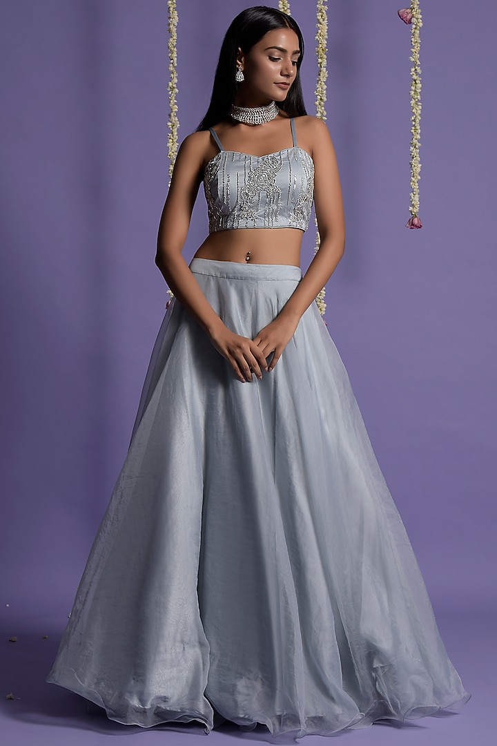 Ice Blue Organza Embroidered Jacket Wedding Lehenga Set by Two Sisters By Gyans at Pernia's Pop Up Shop