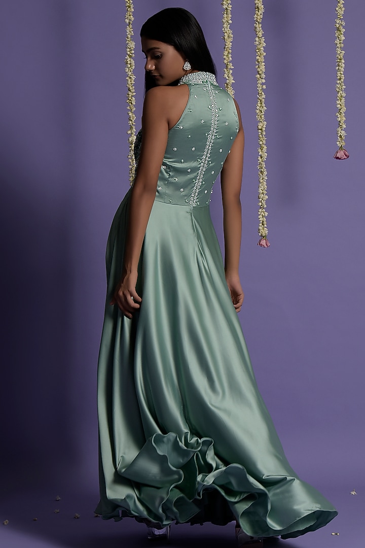Sea Green Satin Silk Embroidered Wedding Anarkali Set by Two Sisters By Gyans at Pernia's Pop Up Shop