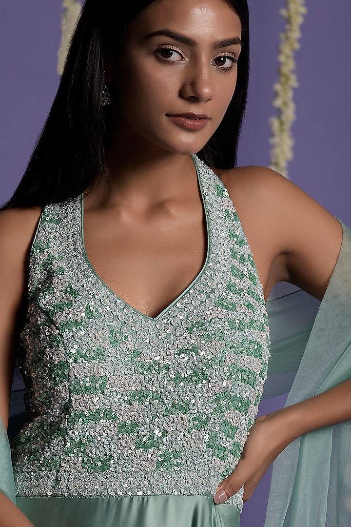Sea Green Satin Silk Embroidered Wedding Anarkali Set by Two Sisters By Gyans at Pernia's Pop Up Shop