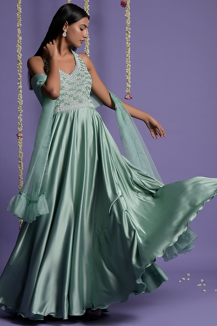 Sea Green Satin Silk Embroidered Wedding Anarkali Set by Two Sisters By Gyans at Pernia's Pop Up Shop
