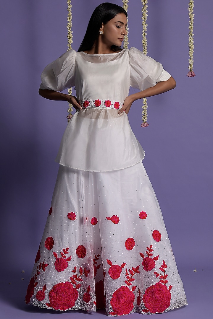 White Organza Embroidered Lehenga Set by Two Sisters By Gyans