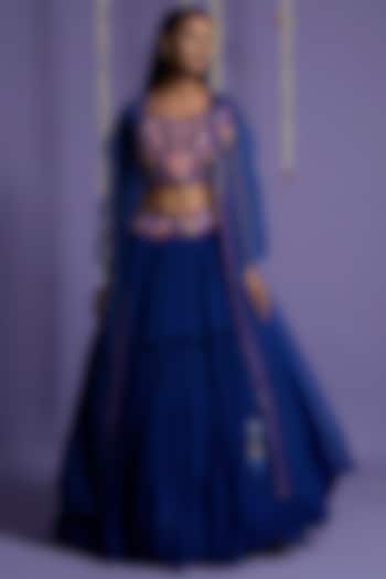 Electric Blue Embroidered Jacket Lehenga Set by Two Sisters By Gyans