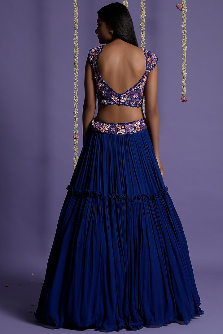 Electric Blue Embroidered Jacket Wedding Lehenga Set by Two Sisters By Gyans at Pernia's Pop Up Shop