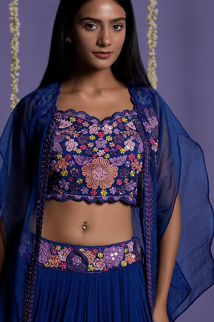 Electric Blue Embroidered Jacket Wedding Lehenga Set by Two Sisters By Gyans at Pernia's Pop Up Shop