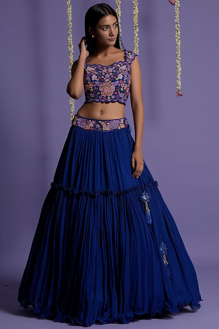 Electric Blue Embroidered Jacket Wedding Lehenga Set by Two Sisters By Gyans at Pernia's Pop Up Shop