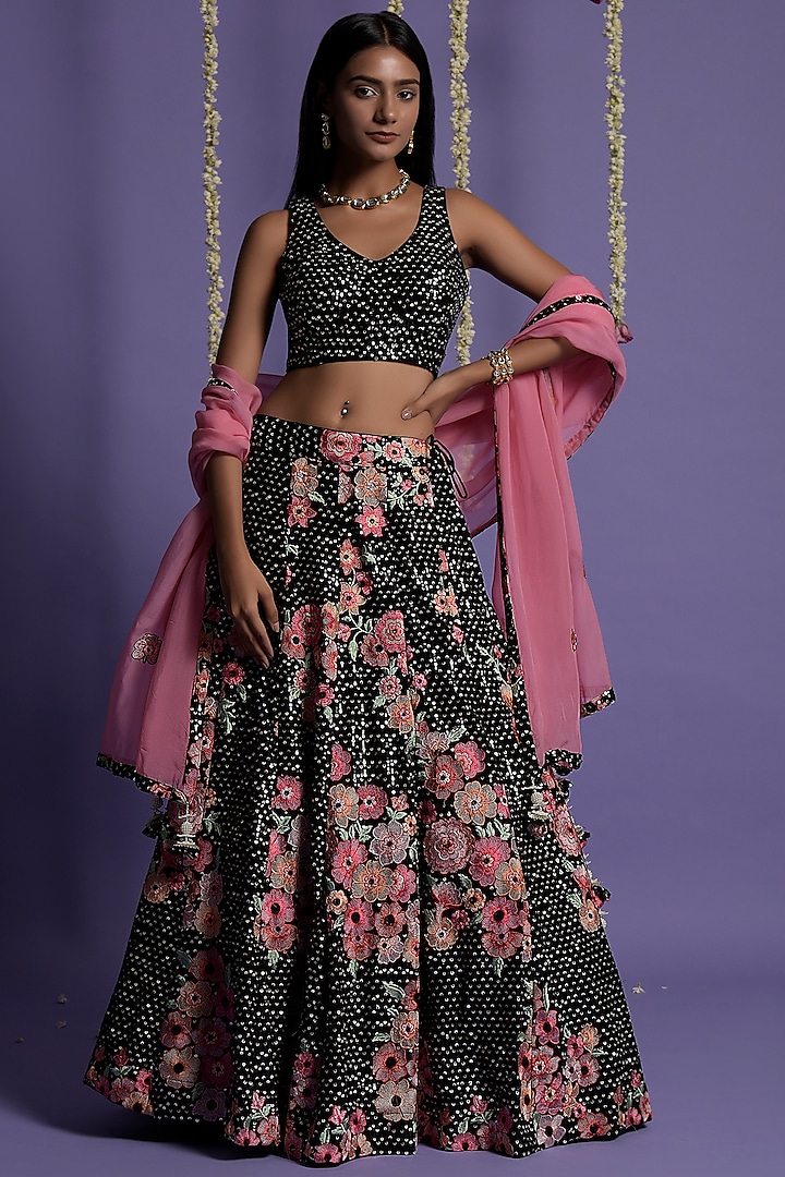 Black Georgette Embroidered Lehenga Set by Two Sisters By Gyans