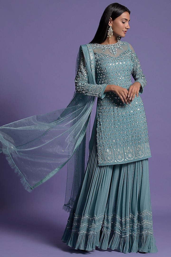Metallic Blue Georgette Embroidered Kurta Set by Two Sisters By Gyans
