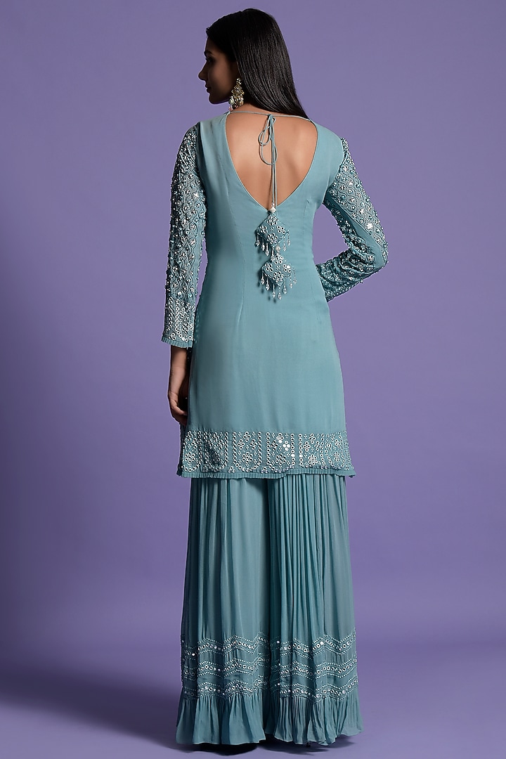 Metallic Blue Georgette Embroidered Kurta Set by Two Sisters By Gyans at Pernia's Pop Up Shop