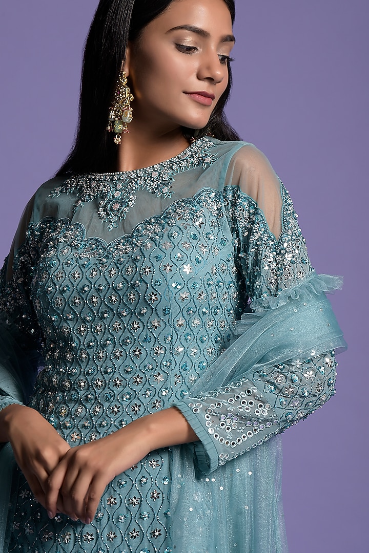 Metallic Blue Georgette Embroidered Kurta Set by Two Sisters By Gyans at Pernia's Pop Up Shop