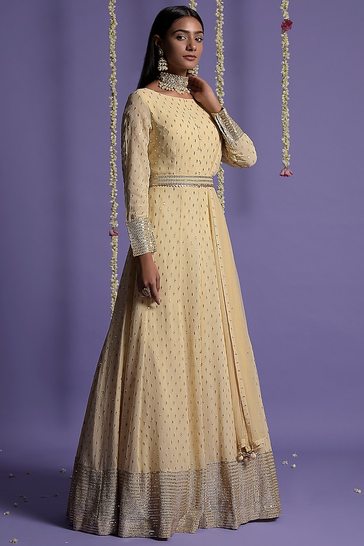 Ivory Georgette Embroidered Anarkali Set by Two Sisters By Gyans