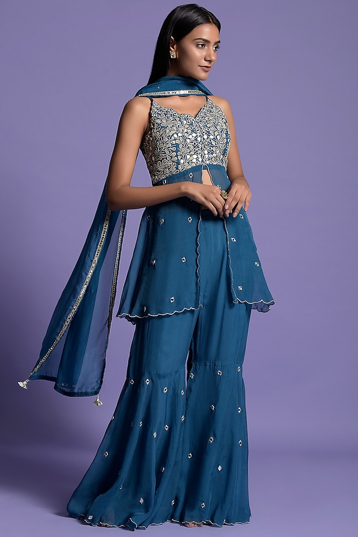Teal Blue Organza Embroidered Gharara Set by Two Sisters By Gyans
