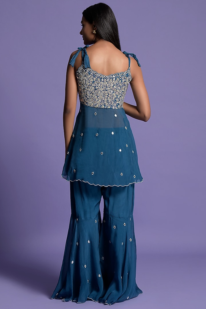Teal Blue Organza Embroidered Gharara Set by Two Sisters By Gyans at Pernia's Pop Up Shop