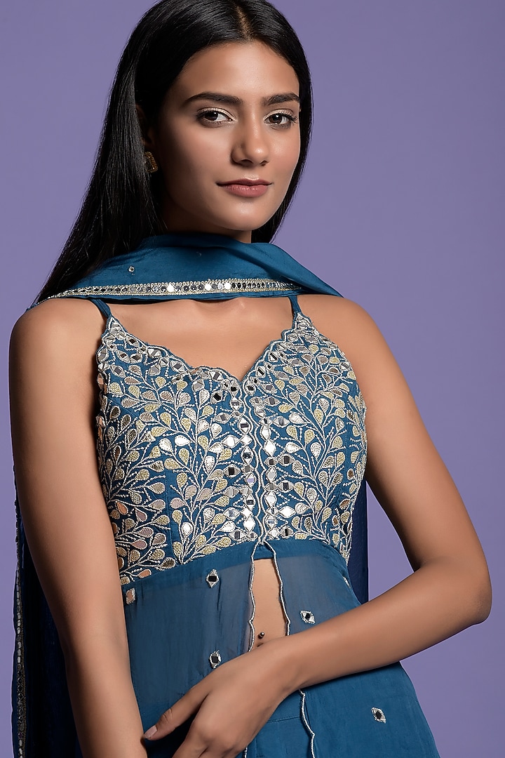 Teal Blue Organza Embroidered Gharara Set by Two Sisters By Gyans at Pernia's Pop Up Shop