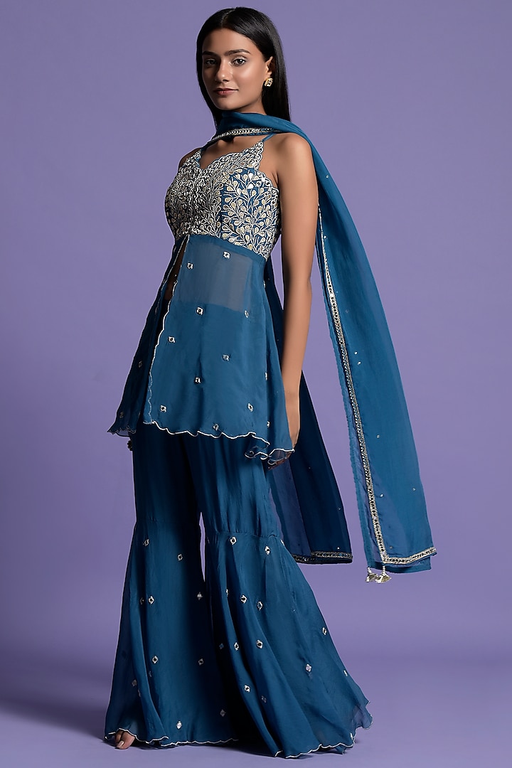 Teal Blue Organza Embroidered Gharara Set by Two Sisters By Gyans at Pernia's Pop Up Shop