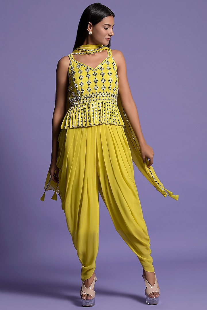 Yellow Georgette Dhoti Set by Two Sisters By Gyans