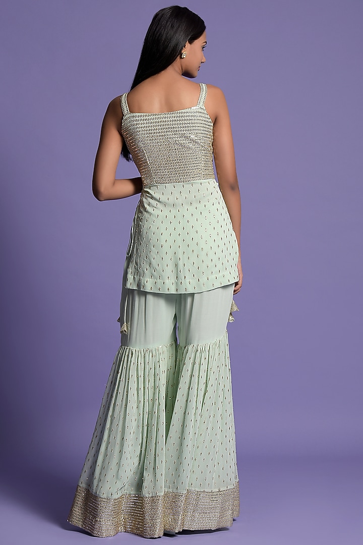 Pista Green Georgette Embroidered Gharara Set by Two Sisters By Gyans at Pernia's Pop Up Shop
