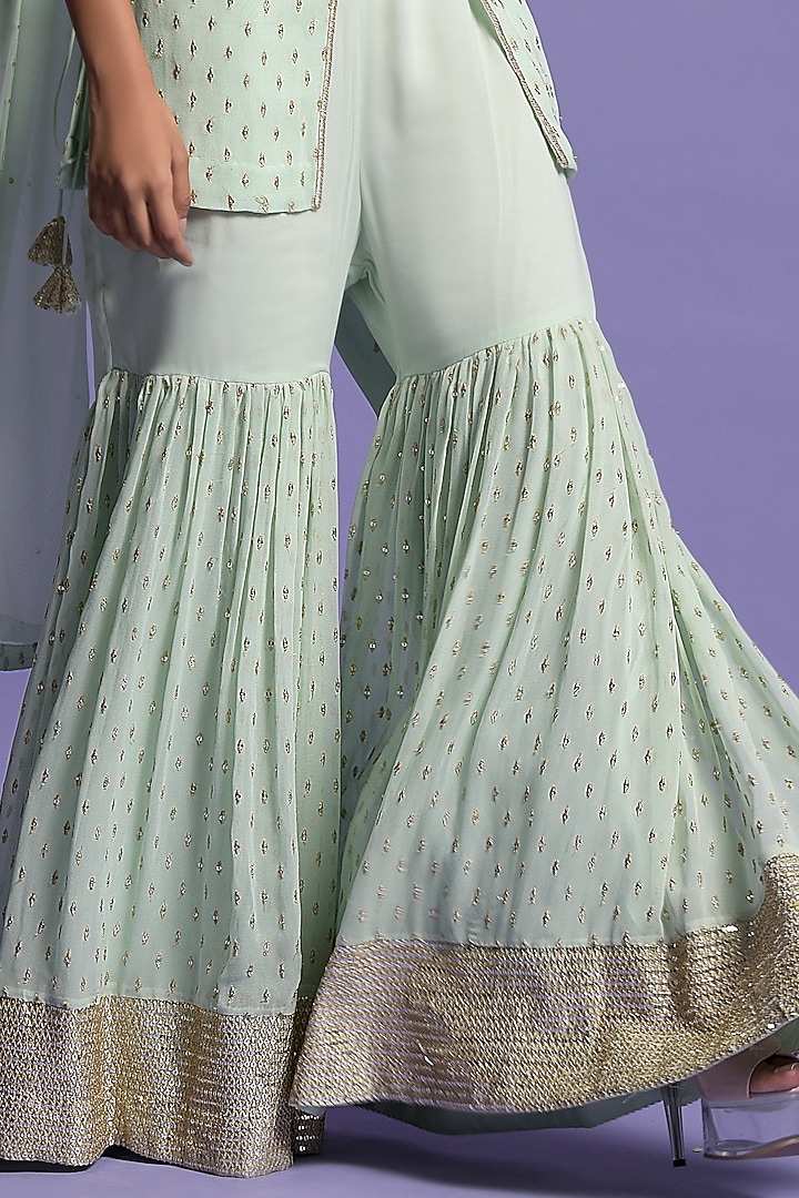 Pista Green Georgette Embroidered Gharara Set by Two Sisters By Gyans at Pernia's Pop Up Shop