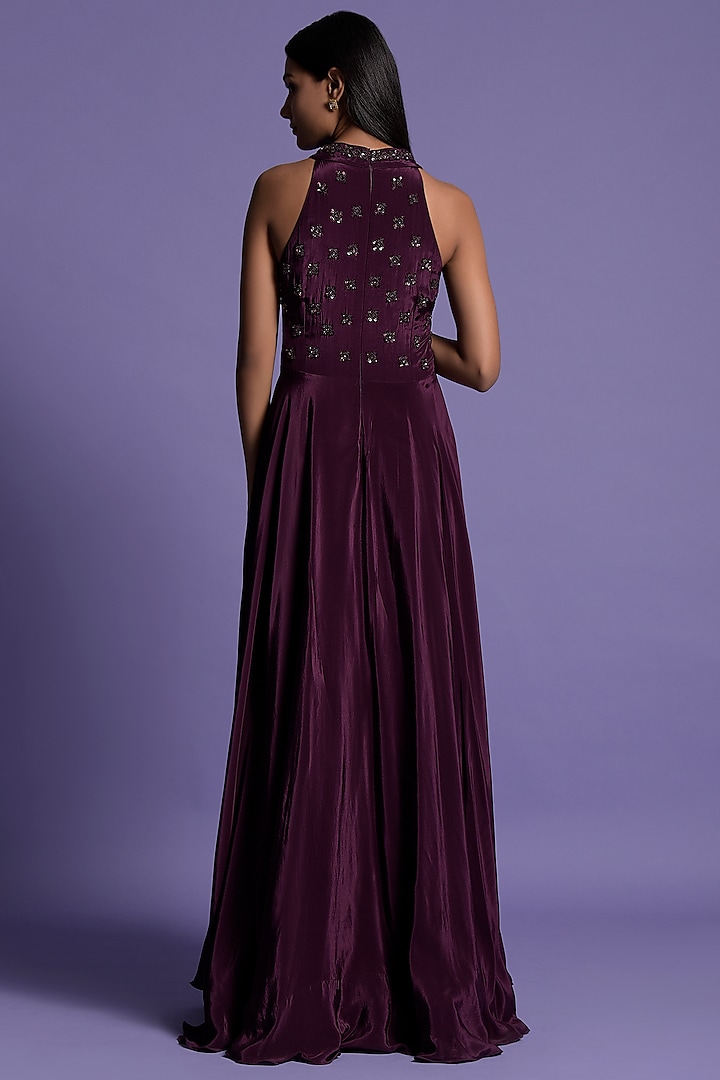 Wine Crepe Embroidered Wedding Anarkali Set by Two Sisters By Gyans at Pernia's Pop Up Shop