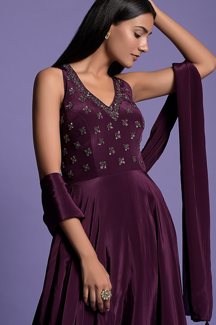 Wine Crepe Embroidered Wedding Anarkali Set by Two Sisters By Gyans at Pernia's Pop Up Shop