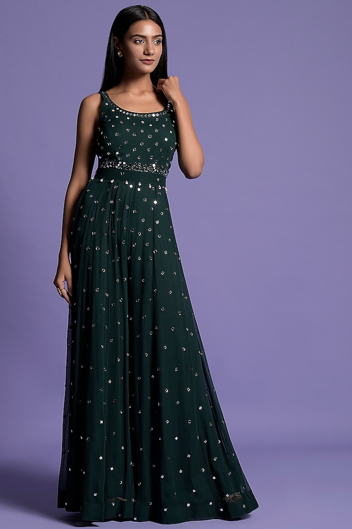 Bottle Green Mirror Embroidered Jumpsuit by Two Sisters By Gyans at Pernia's Pop Up Shop