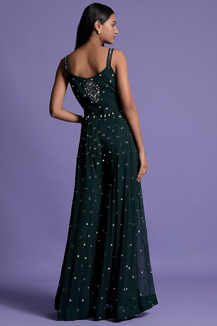 Bottle Green Mirror Embroidered Jumpsuit by Two Sisters By Gyans at Pernia's Pop Up Shop
