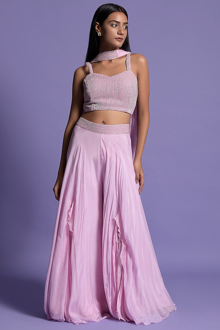 Light Mauve Chinnon Party Wear Sharara Set by Two Sisters By Gyans at Pernia's Pop Up Shop