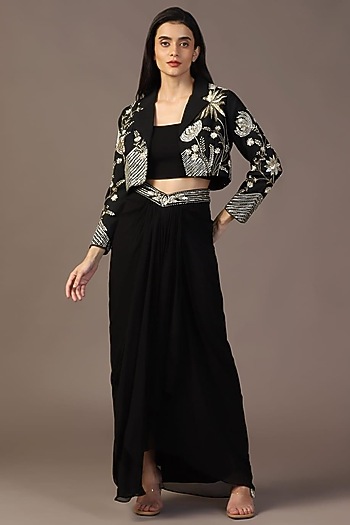 Black Georgette Draped Skirt Set by Two Sisters By Gyans at Pernia's Pop Up Shop