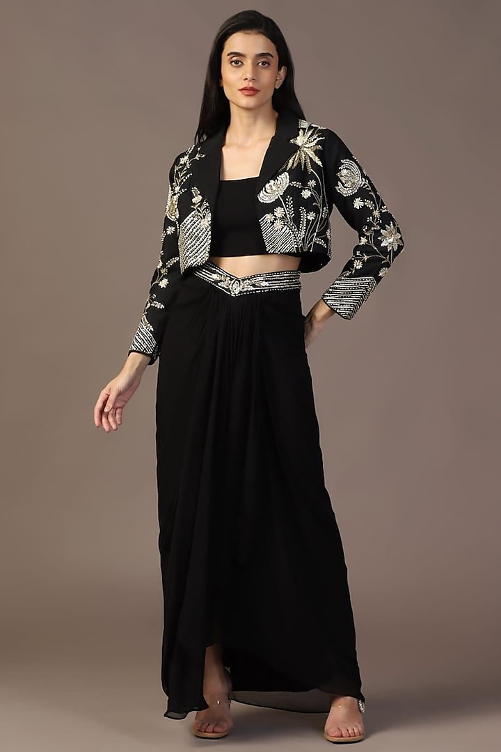 Black Georgette Draped Skirt Set by Two Sisters By Gyans at Pernia's Pop Up Shop