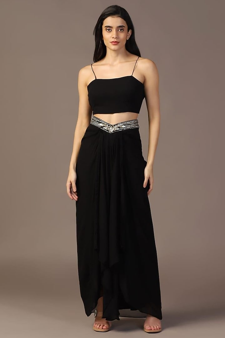 Black Georgette Draped Skirt Set by Two Sisters By Gyans at Pernia's Pop Up Shop