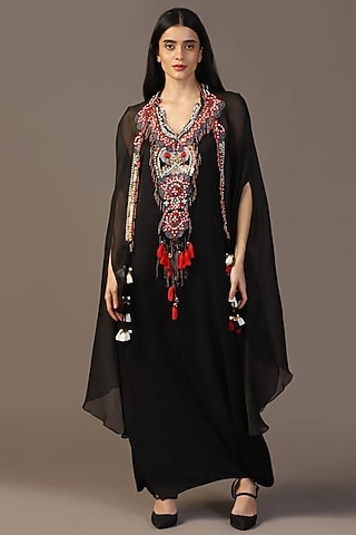 Black Satin Silk Dabka Work Gown With Cape by Two Sisters By Gyans