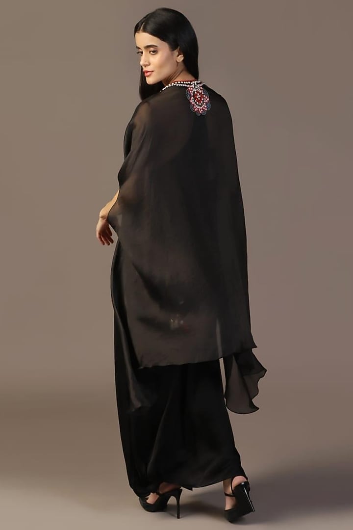 Black Satin Silk Dabka Work Engagement Gown With Cape by Two Sisters By Gyans at Pernia's Pop Up Shop