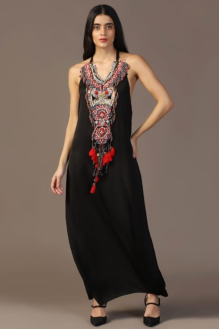 Black Satin Silk Dabka Work Engagement Gown With Cape by Two Sisters By Gyans at Pernia's Pop Up Shop