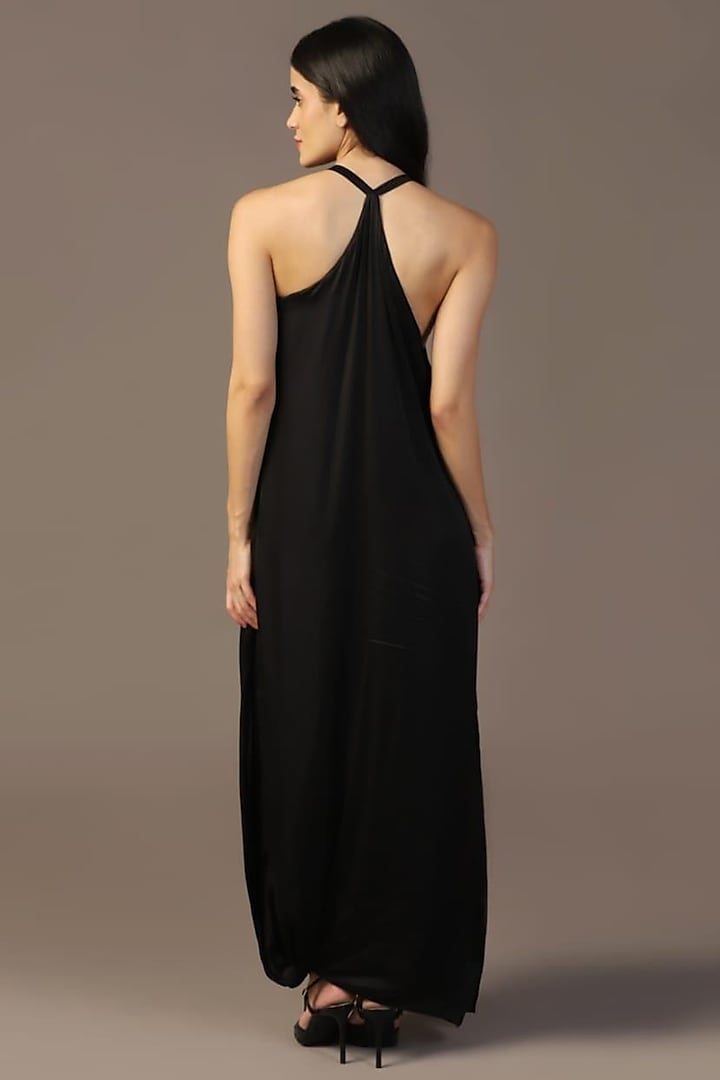 Black Satin Silk Dabka Work Engagement Gown With Cape by Two Sisters By Gyans at Pernia's Pop Up Shop