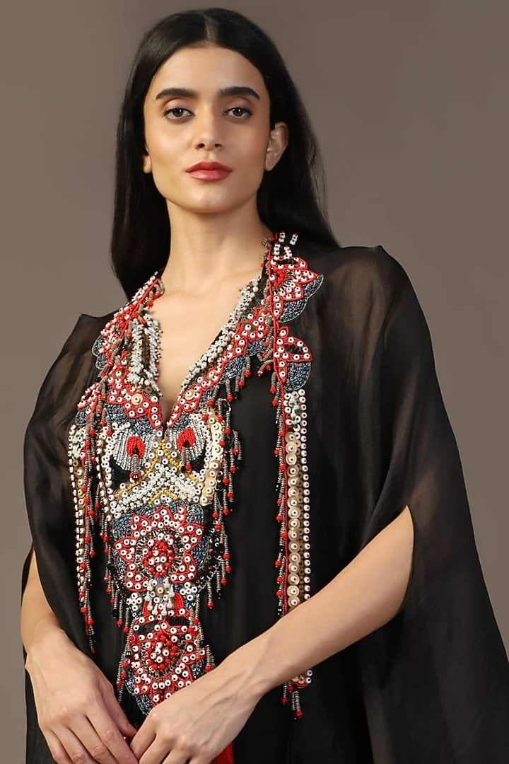 Black Satin Silk Dabka Work Engagement Gown With Cape by Two Sisters By Gyans at Pernia's Pop Up Shop