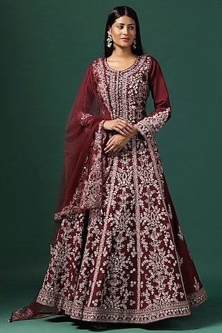 Maroon Georgette Zari & Sequins Work Anarkali Set by Two Sisters By Gyans