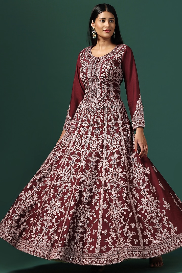 Maroon Georgette Zari & Sequins Work Wedding Anarkali Set by Two Sisters By Gyans at Pernia's Pop Up Shop
