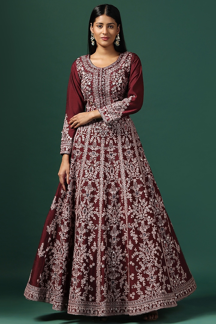 Maroon Georgette Zari & Sequins Work Wedding Anarkali Set by Two Sisters By Gyans at Pernia's Pop Up Shop