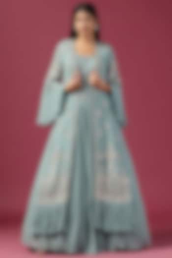 Sea Green Georgette Sequins Embroidered Wedding Anarkali With Cape by Two Sisters By Gyans at Pernia's Pop Up Shop