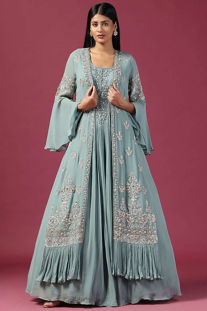 Sea Green Georgette Sequins Embroidered Wedding Anarkali With Cape by Two Sisters By Gyans at Pernia's Pop Up Shop