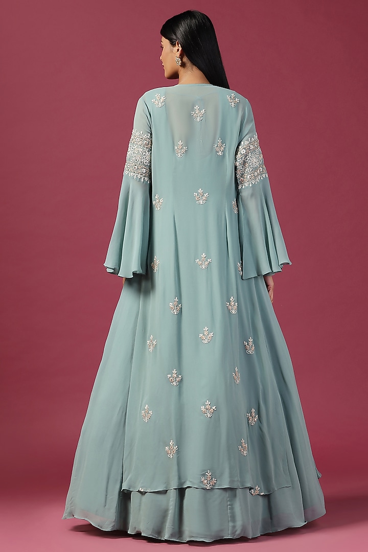 Sea Green Georgette Sequins Embroidered Bridal Anarkali With Cape by Two Sisters By Gyans at Pernia's Pop Up Shop