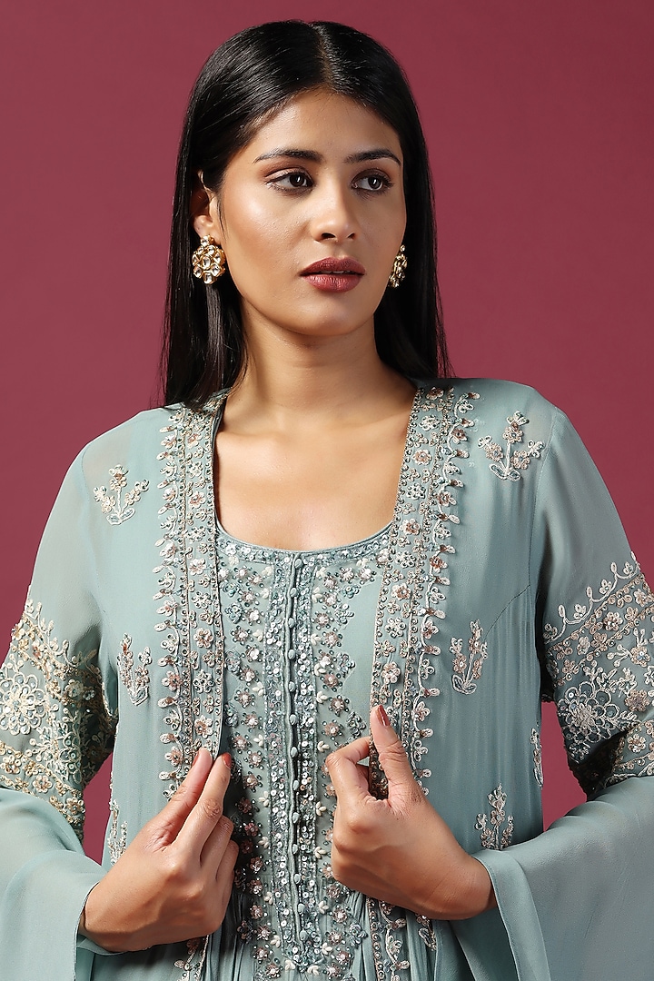 Sea Green Georgette Sequins Embroidered Bridal Anarkali With Cape by Two Sisters By Gyans at Pernia's Pop Up Shop