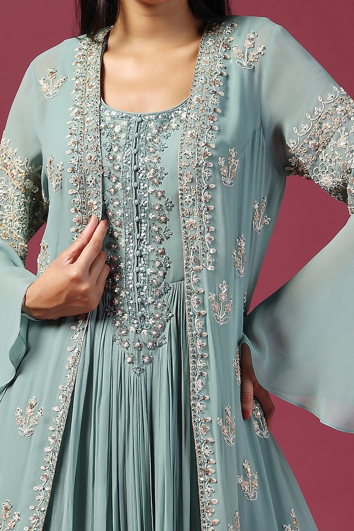 Sea Green Georgette Sequins Embroidered Bridal Anarkali With Cape by Two Sisters By Gyans at Pernia's Pop Up Shop